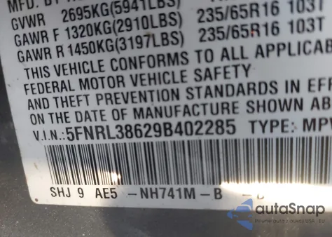 2009 Honda Odyssey Ex-L z USA, uszkodzony, nr VIN 5FNRL38629B402285